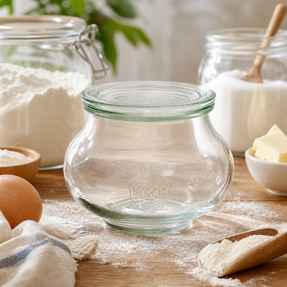 Szklany słoik ozdobny o pojemności 560 ml z szklaną pokrywką WECK RR80 WECK dekoracyjny słoik 560ml RR80 pusty w kuchni do przechowywania mąki, jajek i składników do pieczenia