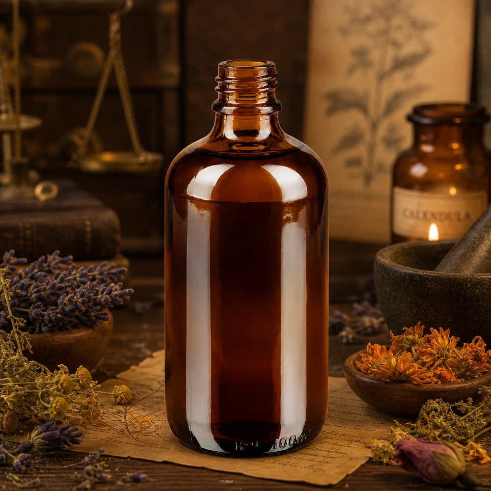 100ml brązowa butelka apteczna ApoGlas 100 ml brązowa butelka apteczna ApoGlas z suszonymi ziołami leczniczymi i moździerzem w tradycyjnej aptece ziołowej