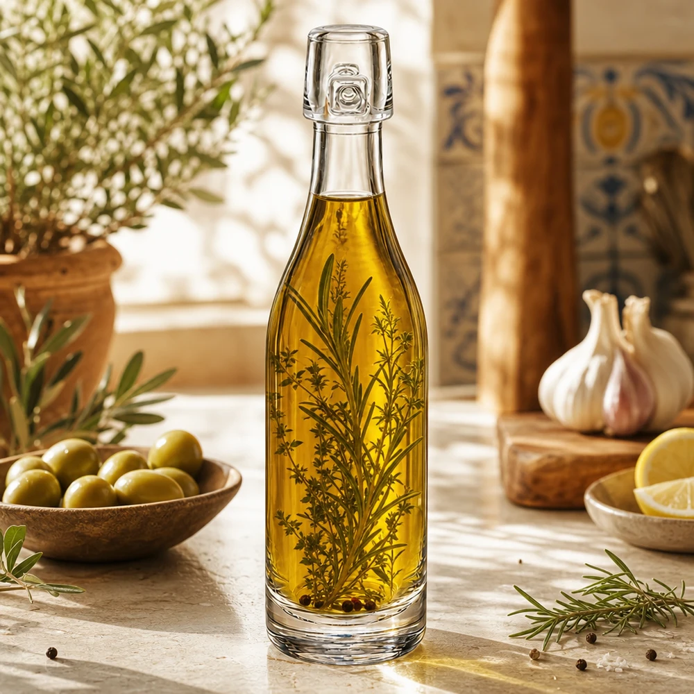 50 ml szklana butelka UNiTWIST wypełniona oliwą z oliwek i ziołami Kuchnia śródziemnomorska Oliwki Czosnek Rozmaryn Dekoracja
