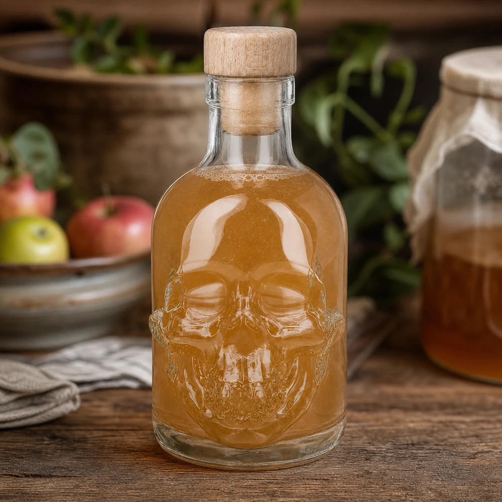 200 ml szklana butelka Jack Skull z bursztynowym wypełnieniem w kuchennej atmosferze z jabłkami i doniczkami z ziołami