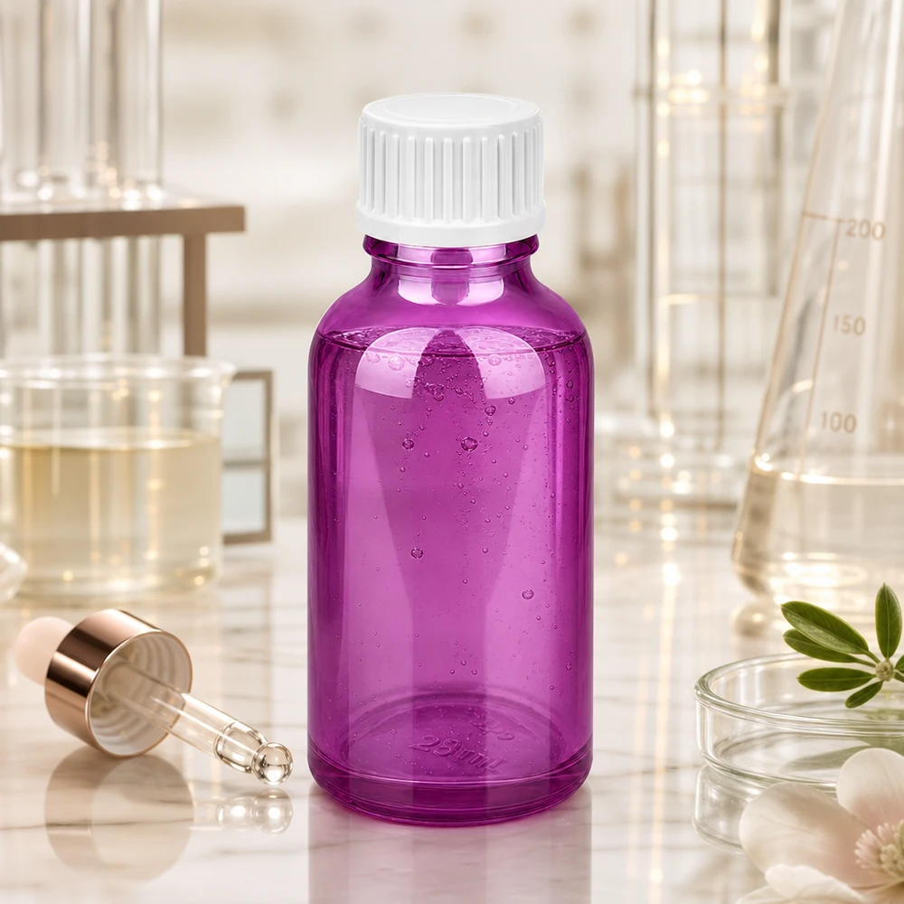 Butelka o pojemności 30 ml. Pierścień do nalewania 3 mm, biały Standard PurpleLine. UT18/30 Fioletowa butelka apteczna 30 ml wykonana z wysokiej jakości szkła z zakrętką zabezpieczającą przed dziećmi