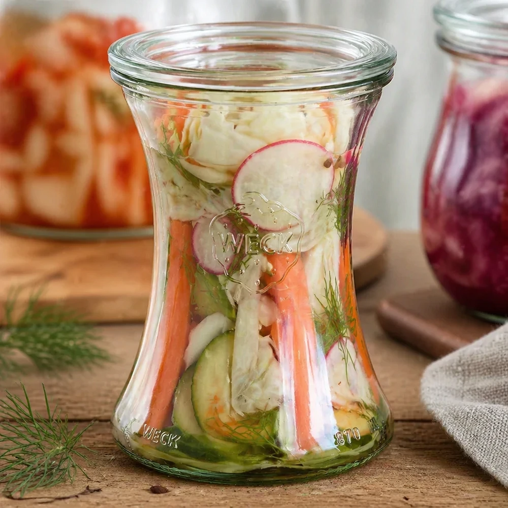 Słoik delikatesowy o pojemności 370 ml z szklaną pokrywką WECK RR80 Słoik delikatesowy WECK 370ml RR80 wypełniony marynowanymi warzywami i koperkiem pokazuje wszechstronne zastosowanie do konserwowania.