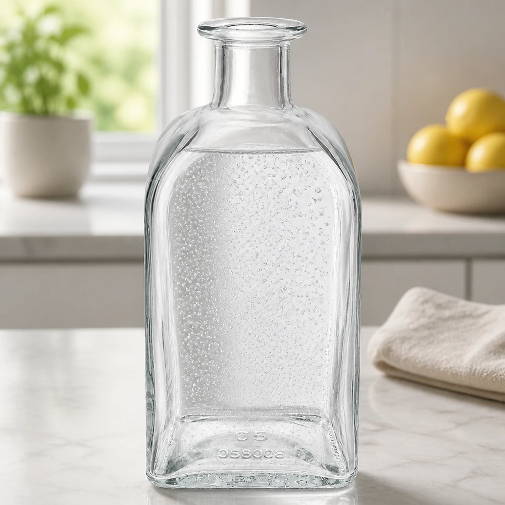 500 ml szklana butelka Julia w nowoczesnej kuchni na marmurowym blacie z kroplami wody i naturalnym światłem
