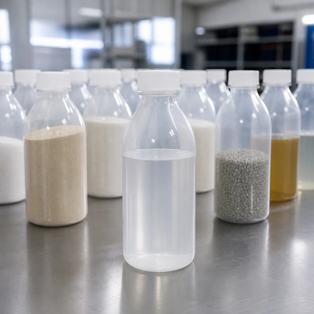 Butelka z wąską szyjką i zakrętką o pojemności 250 ml, zawierająca przezroczysty płyn, stojąca wśród różnych butelek laboratoryjnych na stole ze stali nierdzewnej