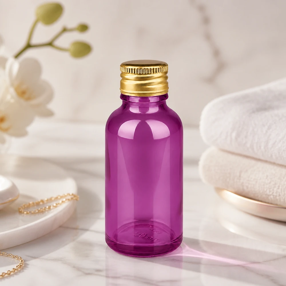 30 ml fioletowa szklana butelka z błyszczącą powierzchnią i złotą aluminiową zakrętką do wysokiej jakości serum
