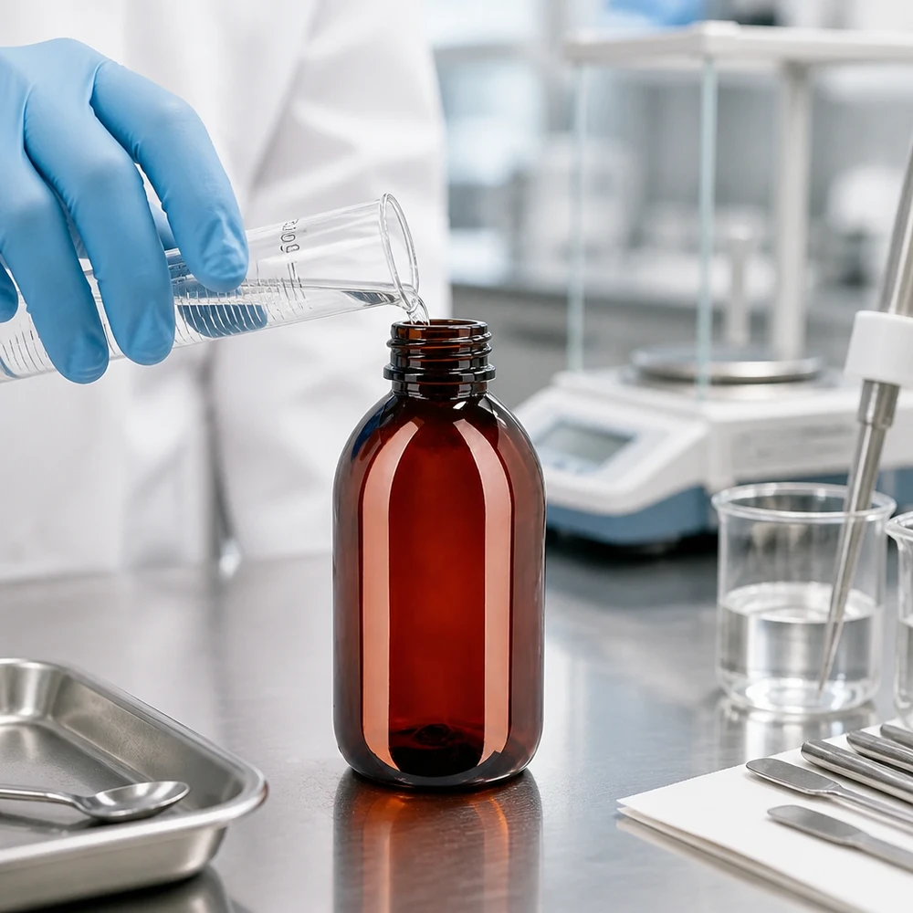 Butelka PET 250ml z zieloną nakrętką OV Laborant napełnia brązową butelkę PET o pojemności 250 ml, a w tle widać miarkę i wagę analityczną