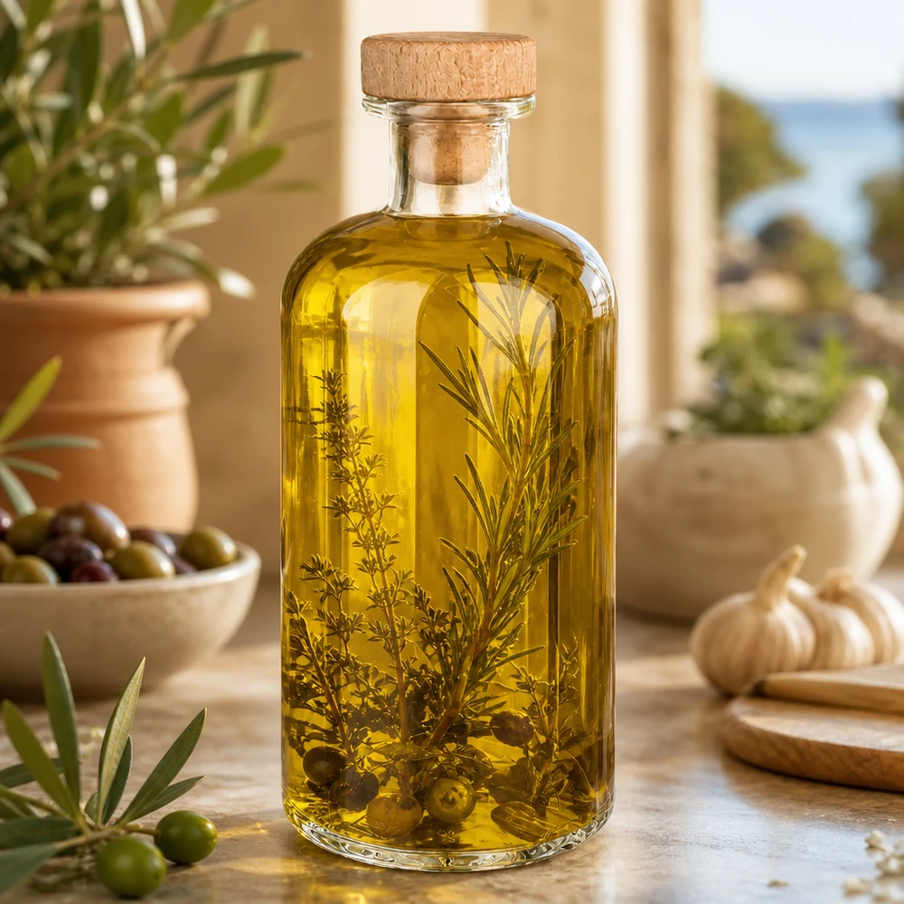 Szklana butelka Flora 500ml wypełniona oliwą z oliwek, rozmarynu i czosnku, śródziemnomorska atmosfera kuchni