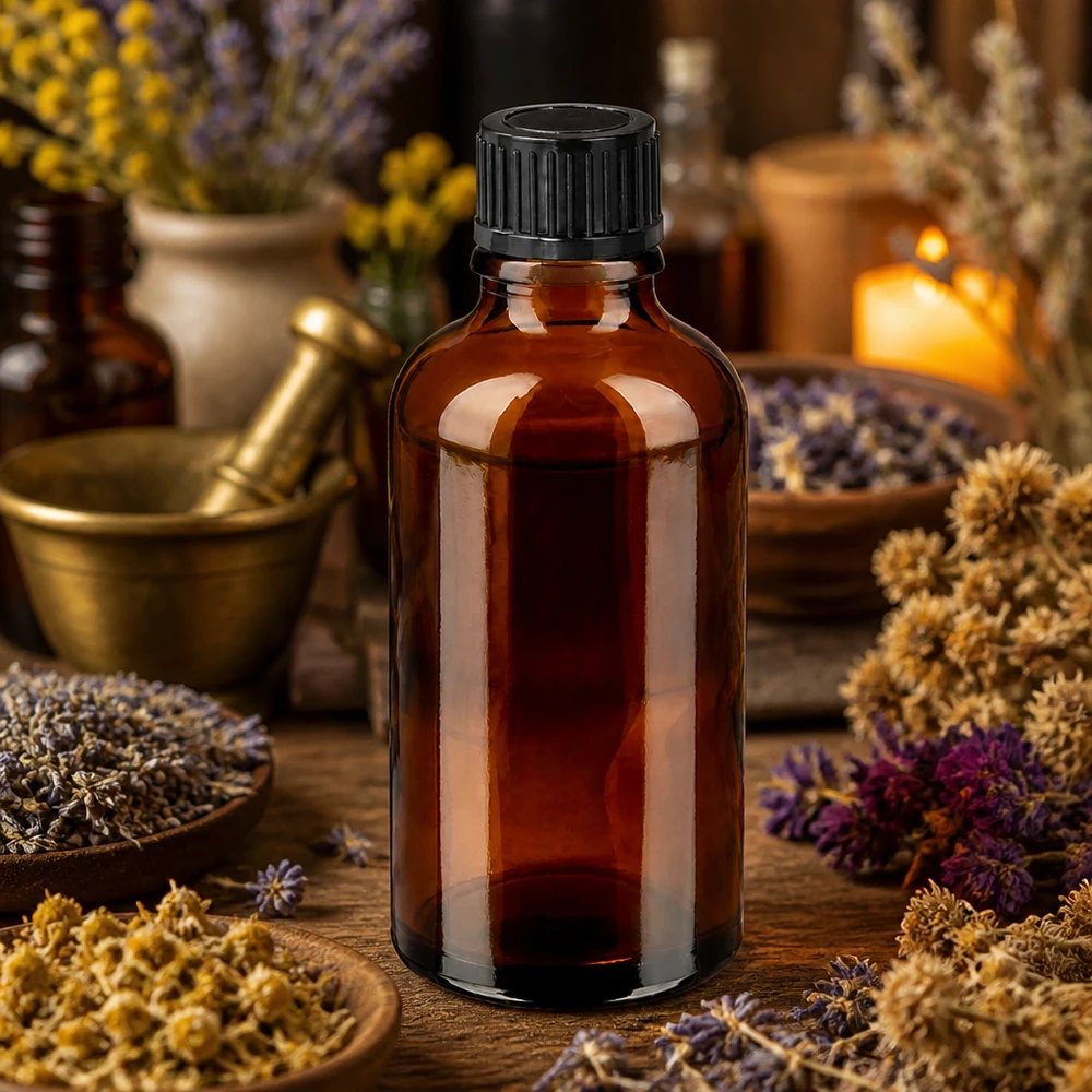 Mała butelka aptekarska o pojemności 50 ml wykonana z brązowego szkła z czarną zakrętką do zastosowań naturopatycznych
