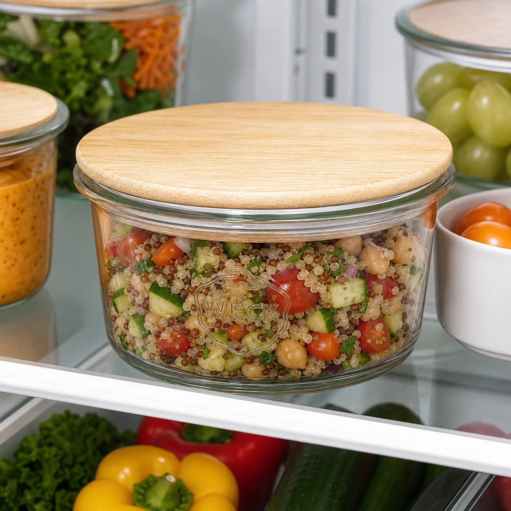 Minibutelki WECK RR60 o pojemności 50 ml z drewnianą pokrywką WECK Mini Sturzglas 50ml mit Quinoa-Salat gefüllt im Kühlschrank - perfekt für Meal Prep und gesunde Vorratshaltung
