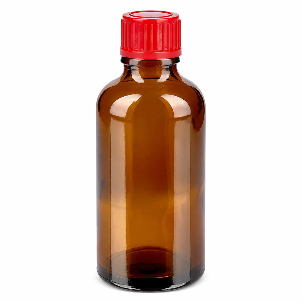 Brązowa szklana butelka 50 ml z czerwoną zakrętką na leki i chemikalia