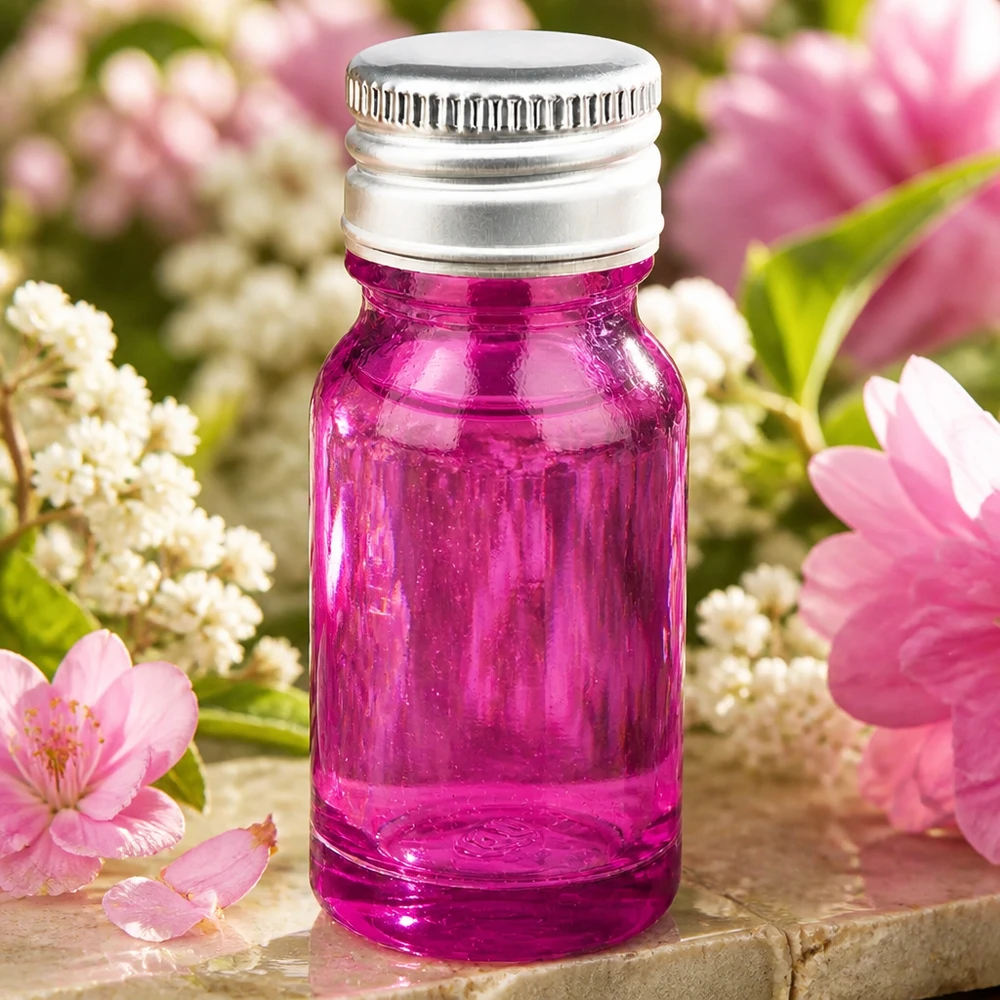 Butelka 10 ml 11 mm z aluminiowo-srebrną zakrętką PurpleLine.UT18/10 Elegancka butelka o pojemności 10 ml w kolorze promiennego fioletu z wysokiej jakości srebrnym aluminiowym wieczkiem