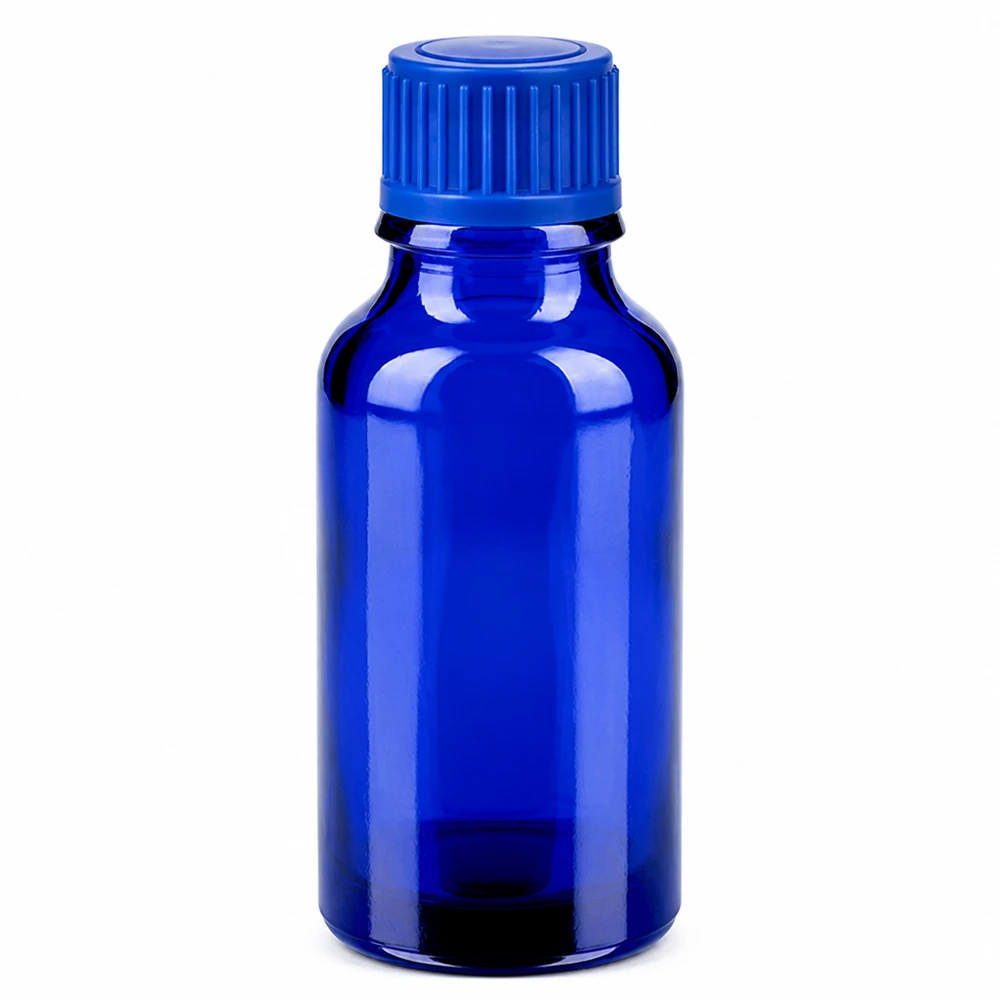 Butelka 20 ml 11 mm SV niebieski STD BlueLine UT18/20 Butelka z niebieskiego szkła o pojemności 20 ml z zakrętką 11 mm do olejków eterycznych i esencji