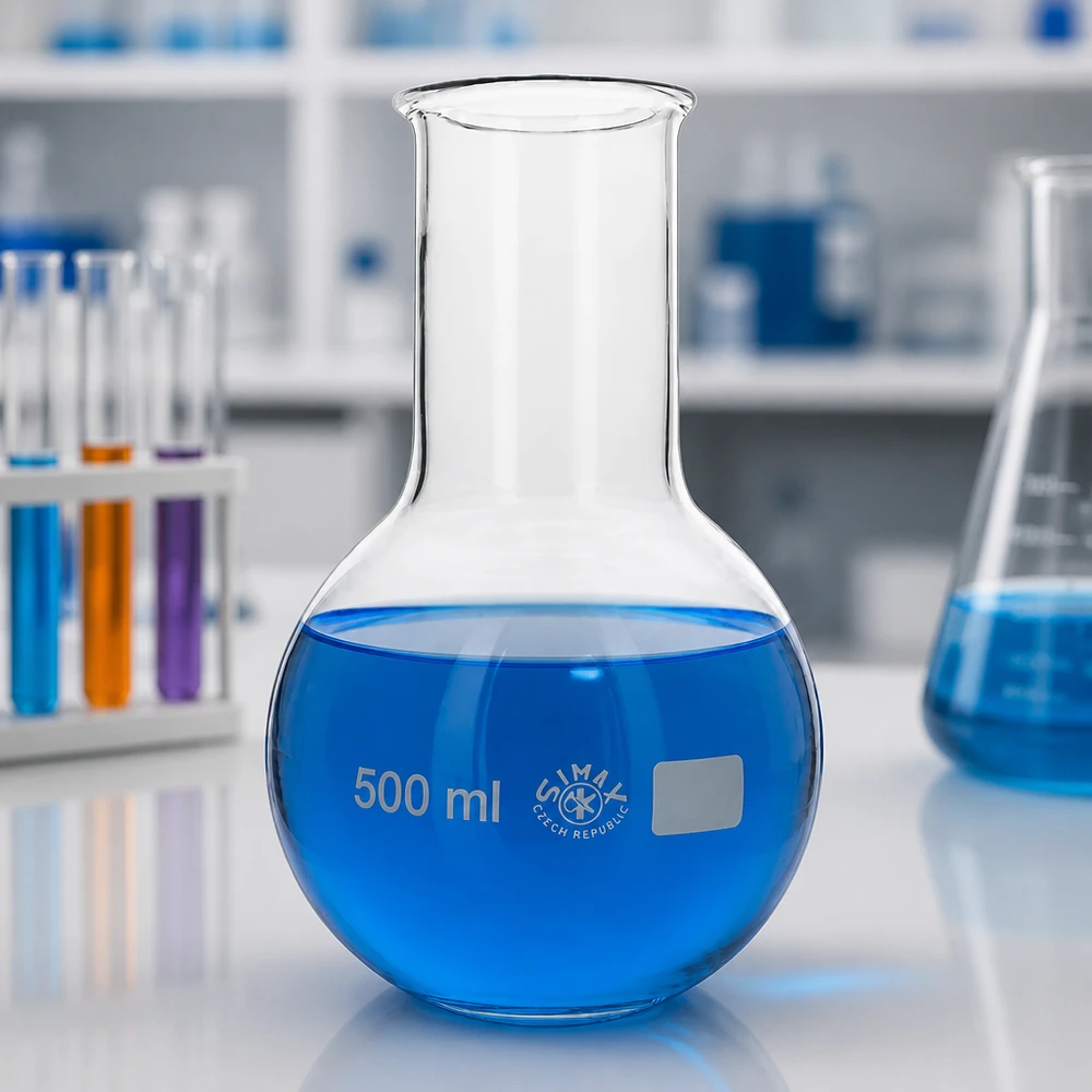 Kolba biodrowa z szeroką szyjką 500 ml Kolba laboratoryjna 500 ml z szerokim otworem i stabilną podstawą ułatwiającą napełnianie