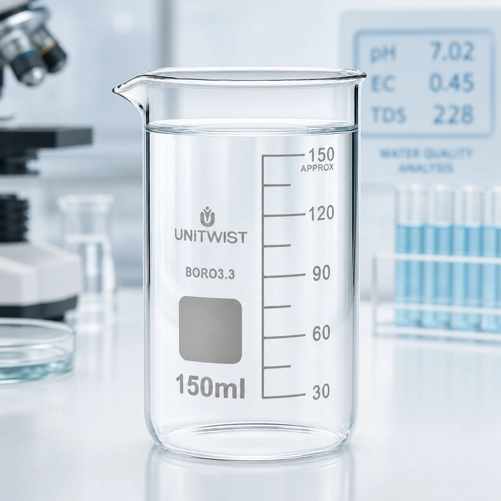 Szklanka UNITWIST o pojemności 150 ml, wysoka, z borokrzemianu 3.3, z czystą wodą i skalą pomiarową, do zastosowań laboratoryjnych