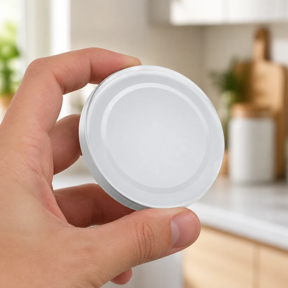 Pokrywka BasicSeal 66 mm, biała, TO66deep, UNiTWIST – zdjęcie przedstawiające produkt trzymany w dłoni w otoczeniu kuchennym
