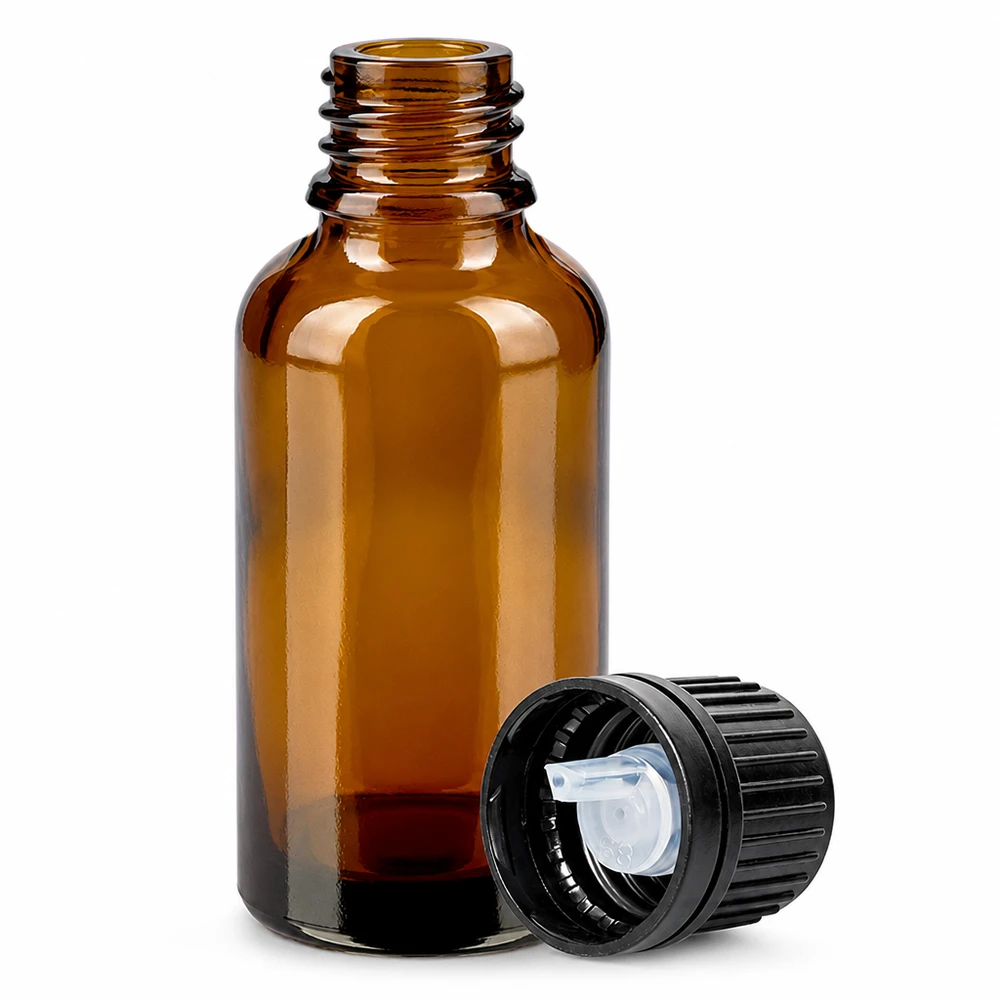 30 ml butelka z zakraplaczem 1 mm czarna OV BrownLine UT18/30 Brązowa szklana butelka z zakraplaczem o pojemności 30 ml z otworem dozującym o średnicy 1 mm do precyzyjnego dozowania olejków eterycznych