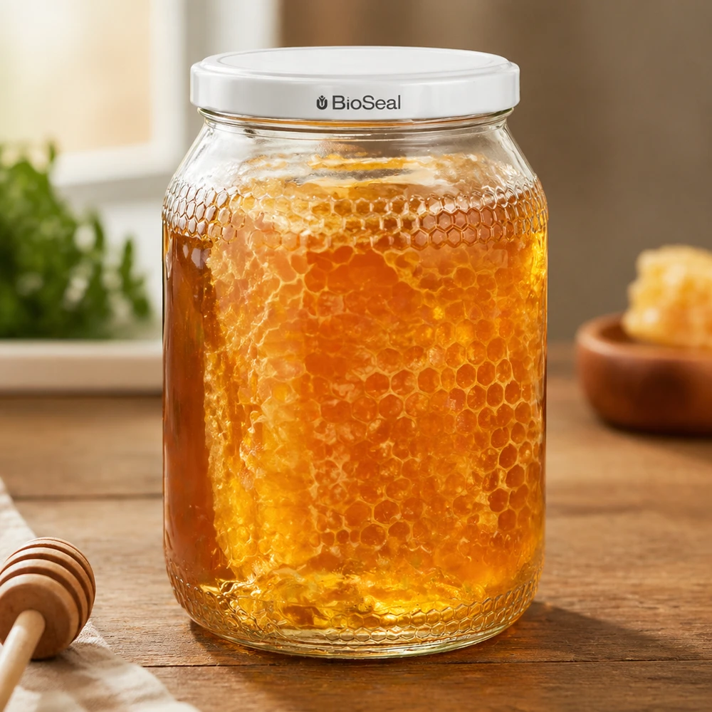 Słoik miodu o pojemności 900 ml z pokrywką BioSeal wypełniony plastrem miodu na drewnianym stole obok łyżki miodu w ciepłej kuchni