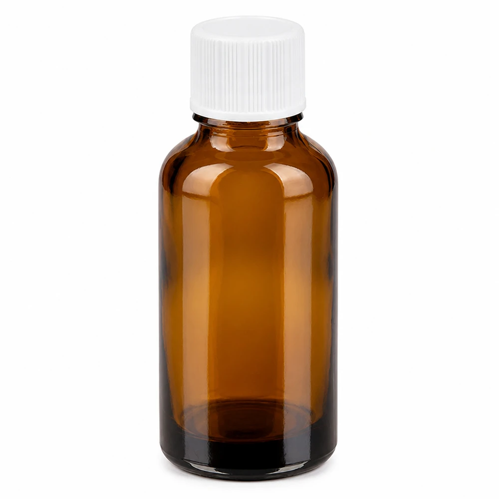 Butelka z bursztynowego szkła o pojemności 30 ml z białą zakrętką do kosmetyków i farmaceutyków