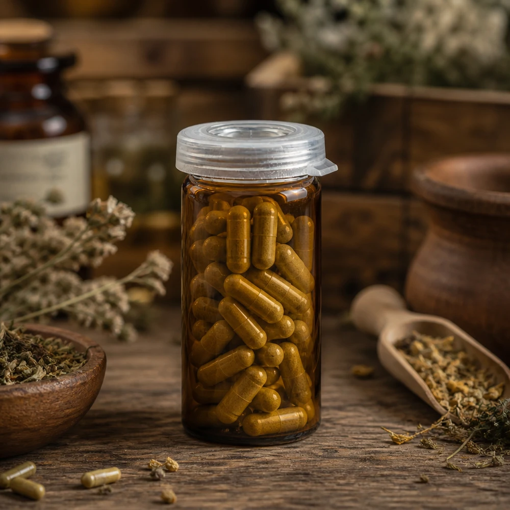 Brązowa szklanka z zawiniętym brzegiem o pojemności 5 ml, wypełniona złocistożółtymi kapsułkami ziołowymi, z bezpieczną plastikową pokrywką zatrzaskową
