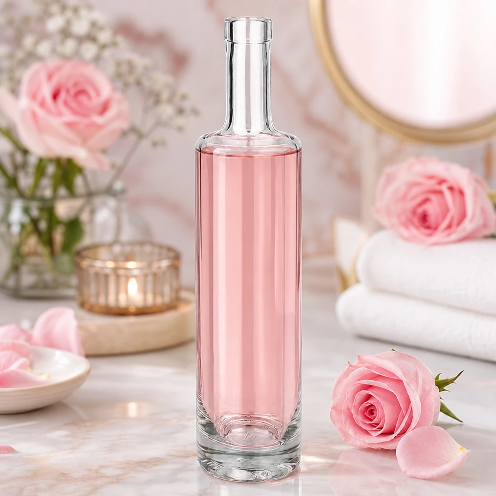 500 ml szklana butelka Lina z różową zawartością w romantycznej atmosferze spa z różowymi różami i dekoracją wellness