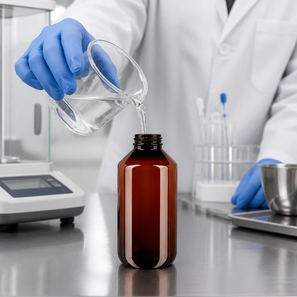 Laborant napełnia brązową butelkę PET o pojemności 200 ml przezroczystym płynem z zlewki