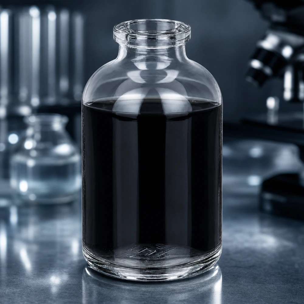 Butelka iniekcyjna z przezroczystego szkła 50 ml Hochwertige Klarglas Injektionsflasche 50ml mit schwarzem Reagenz im wissenschaftlichen Labor