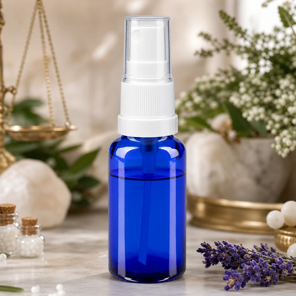 Niebieska butelka aptekarska z atomizerem o pojemności 20 ml z białą głowicą pompującą, obok lawendy i kulek homeopatycznych