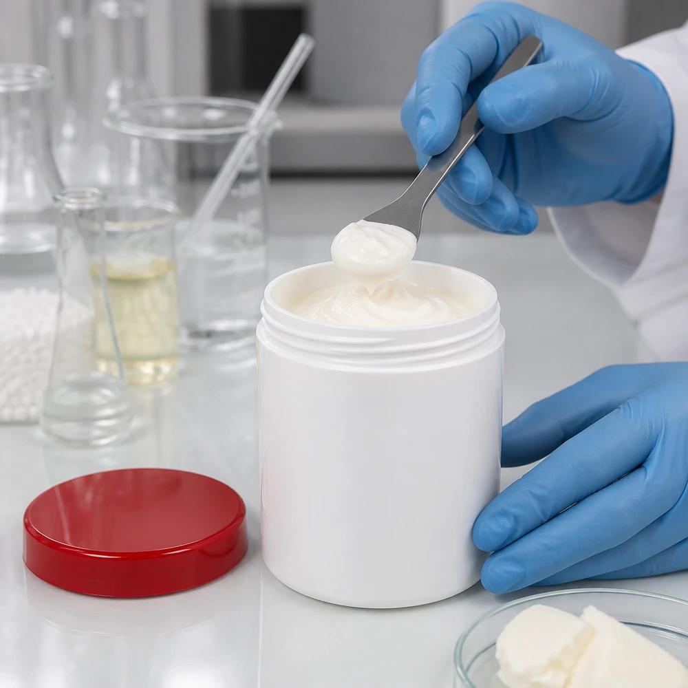 Słoik na maść 75g biały z czerwoną zakrętką (PP) Farmaceuta pobiera biały krem z słoika o pojemności 75 g z czerwoną zakrętką z PP