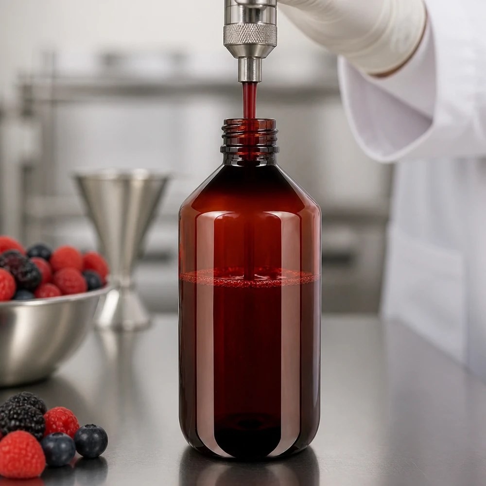 PET Vorratsflasche 500ml mit braunem Schraubdeckel und rotem Beerensaft befüllt