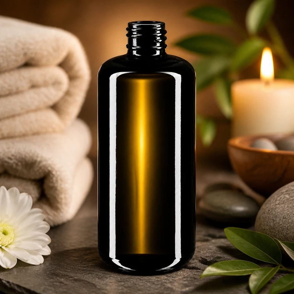 Fioletowa szklana butelka 200ml 410/24 Stylowa szklana butelka Draco 200 ml o smukłej sylwetce do profesjonalnych produktów spa i wellness