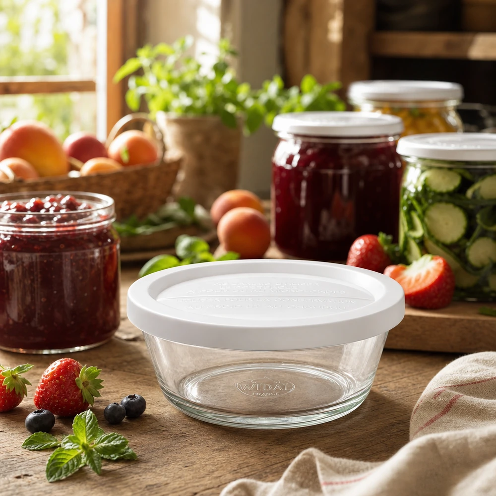 Słoik dla smakoszy o pojemności 300 ml. WECK RR120 WECK Gourmetglas RR120 in gemütlicher Küche mit Einmachgläsern und frischen Früchten für moderne Vorratshaltung