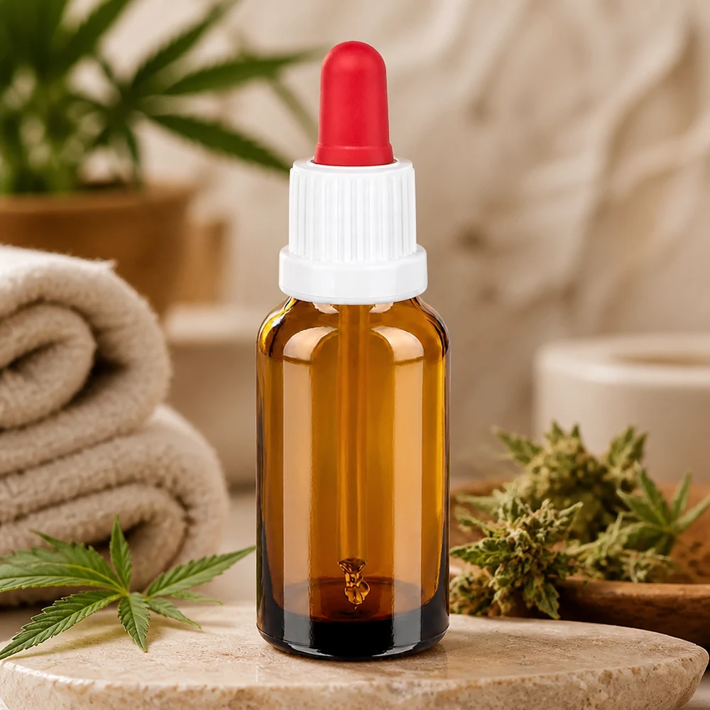 Butelka do leków płynnych 20 ml, biała/czerwona OV BrownLine UT18/20 Butelka z pipetą medyczną 20 ml z ochroną UV dzięki bursztynowemu szkłu do zastosowań farmaceutycznych