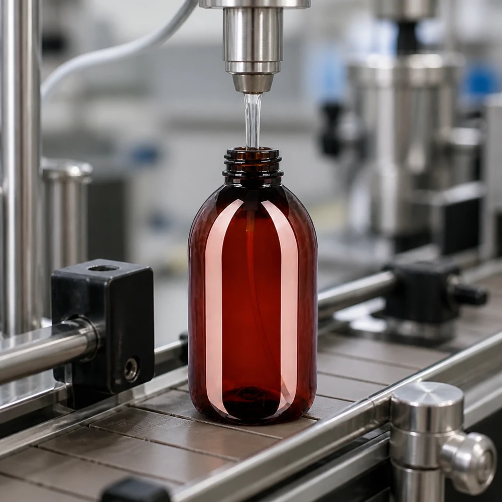 Butelka PET 250ml z atomizerem biała Qualitätskontrolle bei der Abfüllung von 250ml PET Flaschen bernsteinfarben im Reinraum