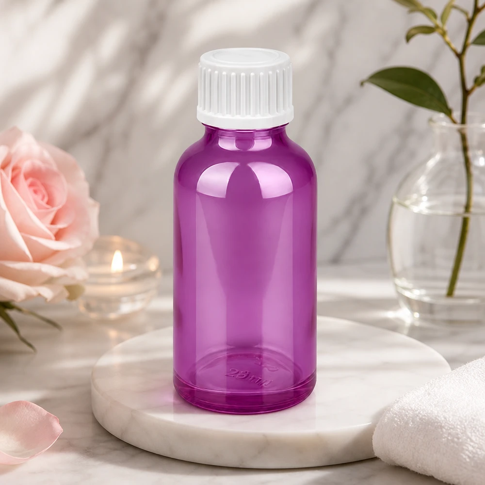 Butelka z zakraplaczem 30 ml 0,9 mm w kolorze białym, standard PurpleLine. UT18/30 Poręczna butelka z zakraplaczem 30 ml w eleganckim fioletowym kolorze do aromaterapii i kosmetyków DIY