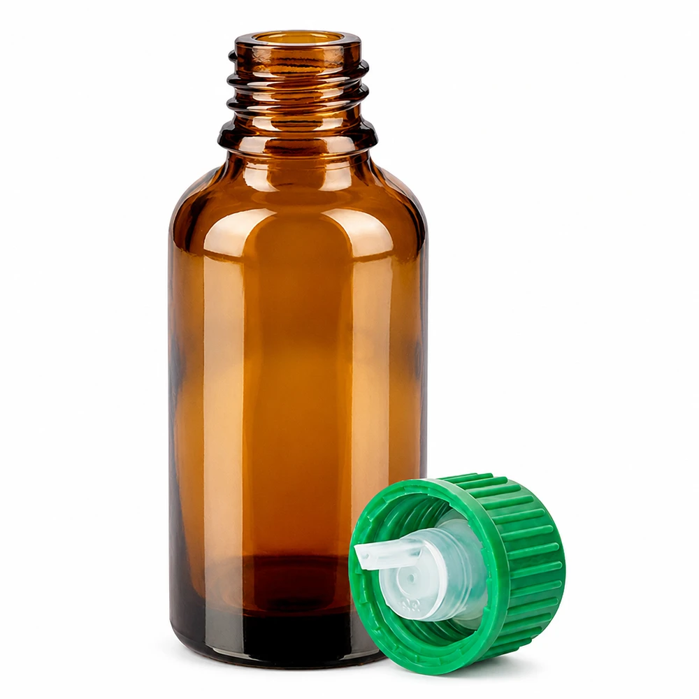30 ml butelka z zakraplaczem 0,8 mm zielona STD BrownLine UT18/30 30 ml butelka z zakraplaczem wykonana z bursztynowego szkła z otworem 0,8 mm do precyzyjnego dozowania olejków eterycznych