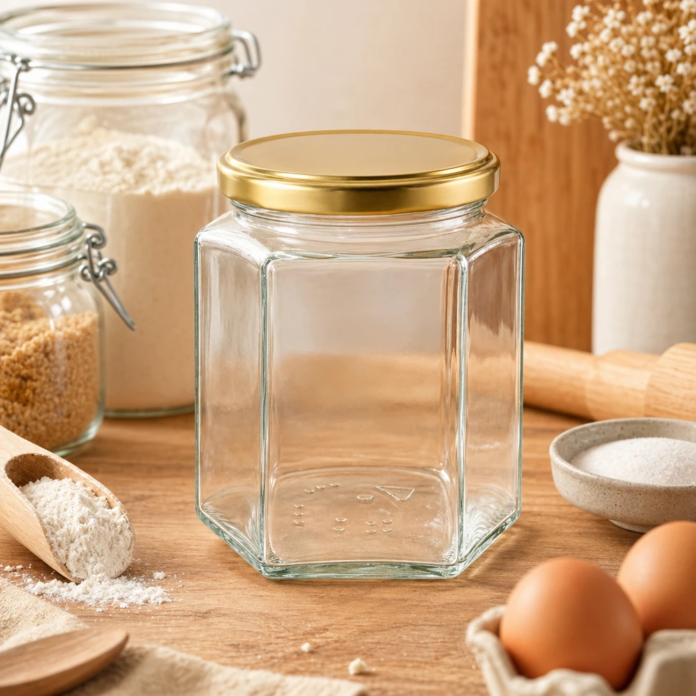 Pusty słoik na miód 500g BasicSeal UT sześciokątny ze złotą pokrywką w przytulnym środowisku kuchennym Jajka mączne Drewno