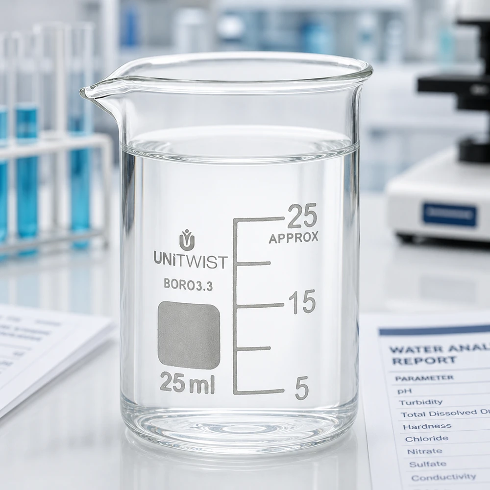Szklanka UNiTWIST o pojemności 25 ml i niskim profilu wraz z raportem z analizy wody oraz mikroskopem w laboratorium