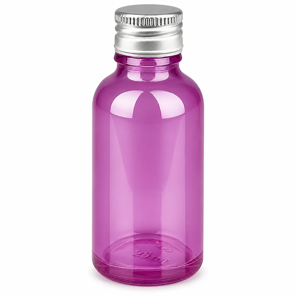 Butelka 30ml 11mm zakrętka aluminiowo-srebrna standard PurpleLine.UT18/30 Szklana butelka 30 ml w kolorze jasnofioletowym ze srebrną aluminiową nakrętką 11 mm