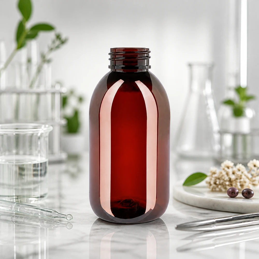 Brązowa butelka PET o pojemności 250 ml z białym, żłobkowanym opakowaniem zewnętrznym w laboratorium na marmurze