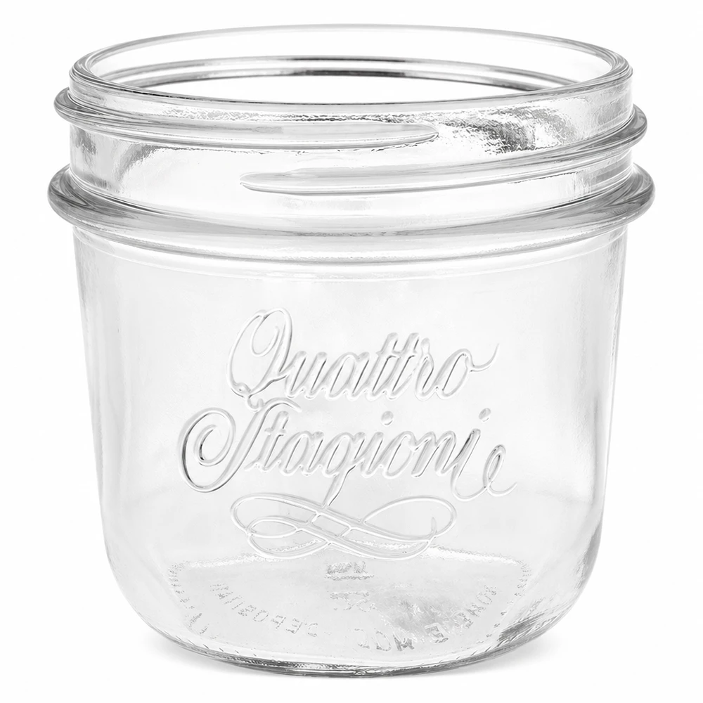 200 ml słoik na przetwory Quattro Stagioni z przezroczystego szkła z wytłoczonym logo, bez pokrywki, do konserwowania i przechowywania.