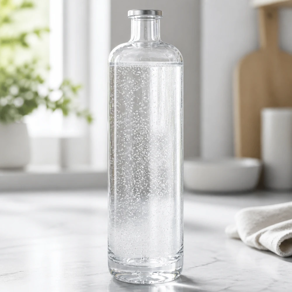 Szklana butelka Ella 700 ml bez zamknięcia UNiTWIST® Szklana butelka Ella o pojemności 700 ml wypełniona gazowaną wodą mineralną na jasnym blacie kuchennym w nowoczesnym otoczeniu.
