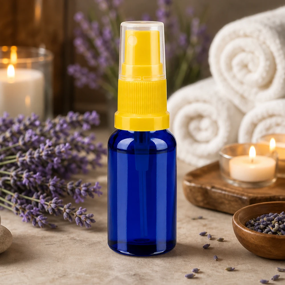 20 ml butelka ze spryskiwaczem żółta/przezroczysta STD BlueLine UT18/20 Butelka z rozpylaczem 20 ml z żółtą pompką do olejków eterycznych BlueLine UT18/20