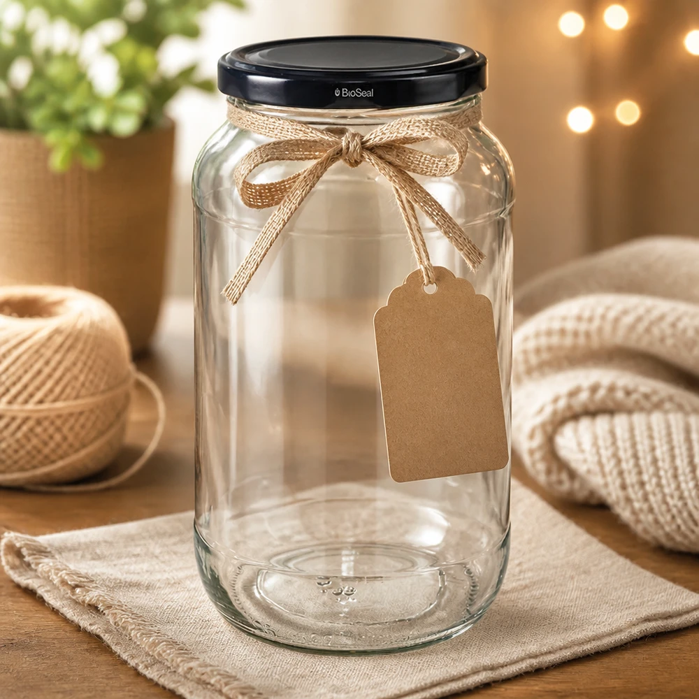 UNiTWIST okrągły słoik 1062 z czarną pokrywką TO82 BioSeal ozdobiony jutową wstążką i przywieszką prezentową Craft DIY