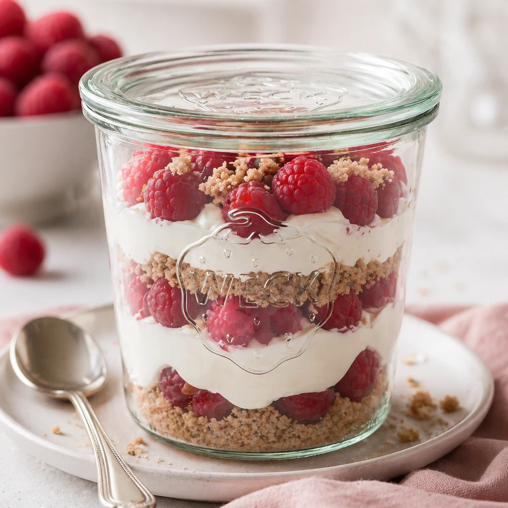 Kubki WECK 580ml RR100 jako słoik deserowy z malinową warstwą deserową i kruszonką ułożoną dekoracyjnie