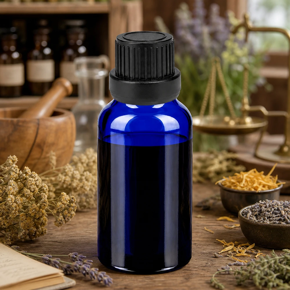 Butelka 20 ml 11 mm SV czarna OV BlueLine UT18/20 Kompaktowa butelka aptekarska 20 ml wykonana z niebieskiego szkła z czarną zakrętką do olejków ziołowych