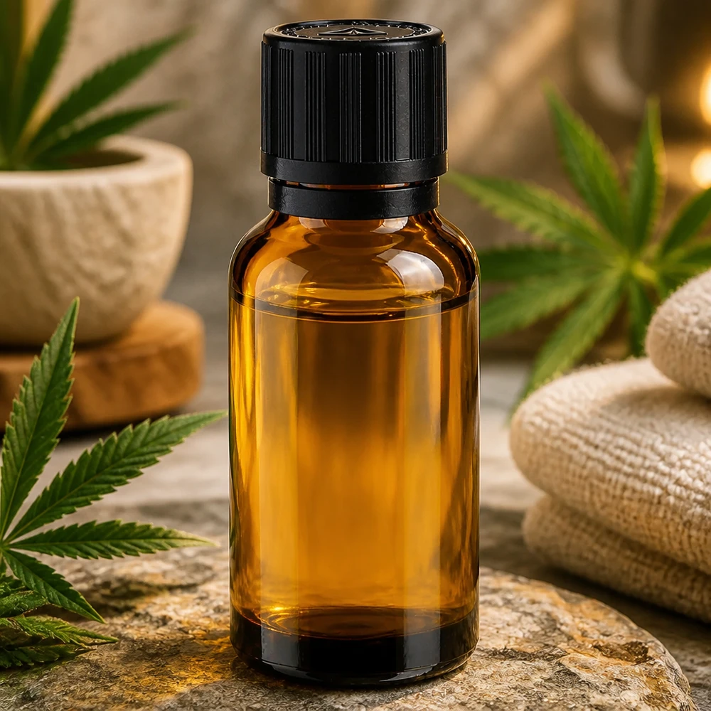 20 ml aptekarska buteleczka z brązowego szkła z czarnym zamknięciem zabezpieczającym przed dziećmi, umieszczona wśród liści konopi