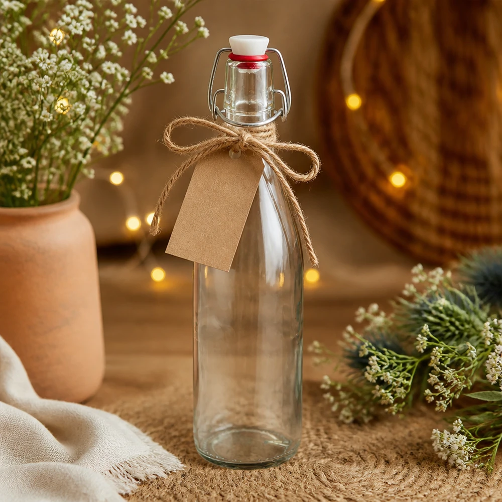 Szklana butelka 500 ml z porcelanowym zamknięciem, ozdobiona papierową przywieszką i jutowym sznurkiem.