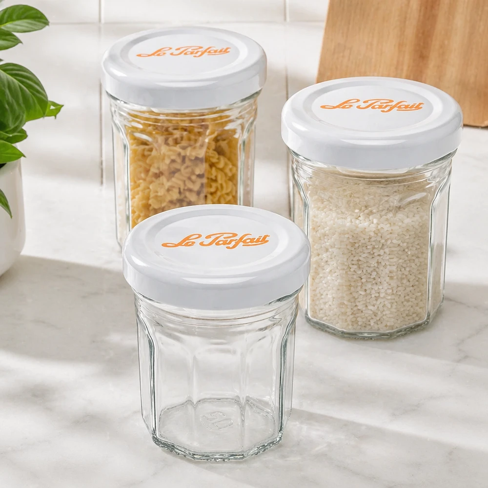 44ml Mini-Sturzglas "Jam" mit Schraubdeckel Le Parfait® Zestaw mini kubków Le Parfait 44 ml z białymi pokrywkami - jeden pusty, dwa wypełnione ryżem i makaronem