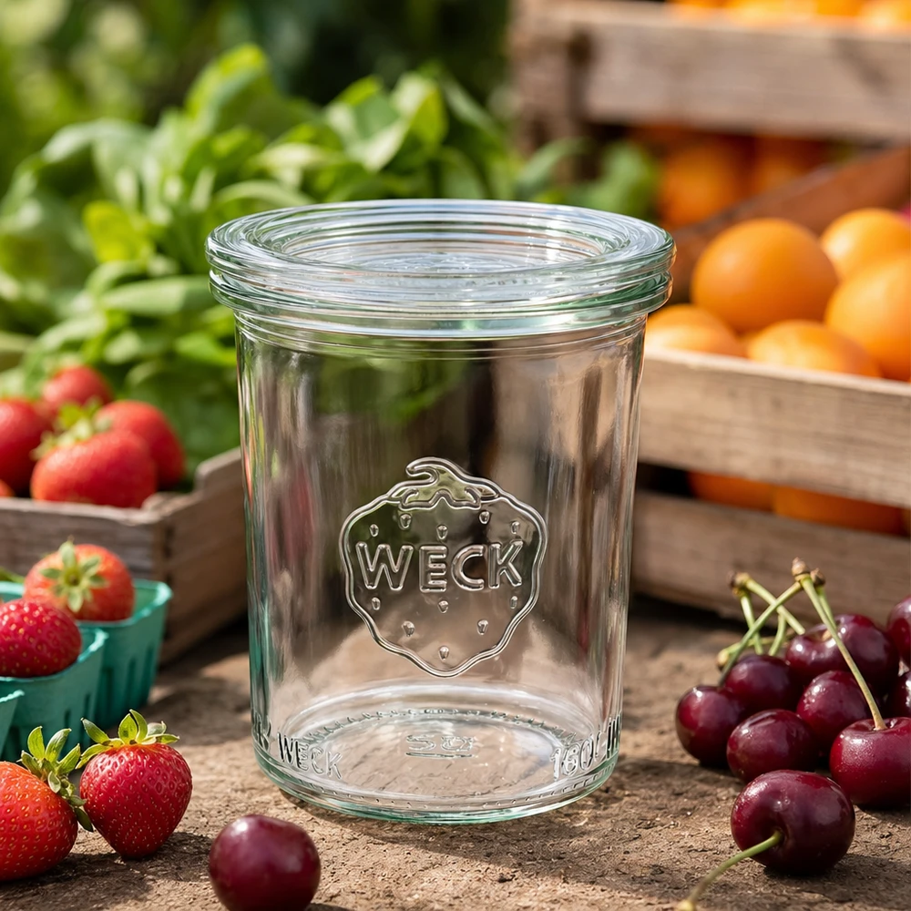 Szklanka o pojemności 160 ml z szklaną pokrywką WECK RR60 WECK RR60 160ml pusty słoik na drewnianym stole ze świeżymi wiśniami, truskawkami i pomarańczami do przetworów