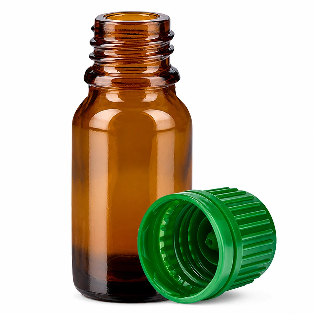 Butelka aptekarska 10 ml z brązowego szkła z zieloną zakrętką do aromaterapii i kosmetyków naturalnych